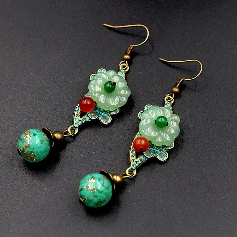 Chinese Handmade Bronze Green Flower Jade Drop Long Earrings